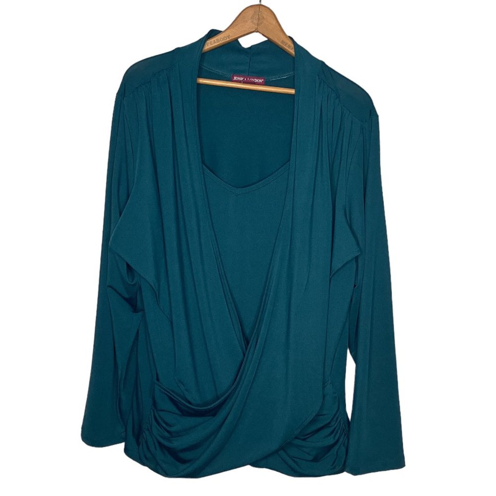 Jessica London 22/24 Green Faux Wrap Crossover‎ Knit Jersey Blouse Top Plus